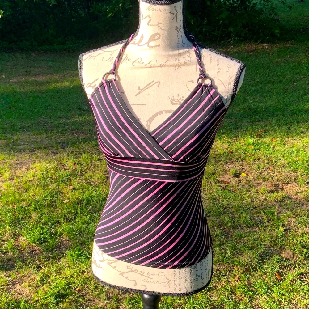 Pink and Black Striped tie back halter top